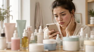 Joven con acné mirando rutinas de skincare viral en el teléfono rodeada de productos