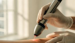 Tratamiento láser dermatológico: médico aplicando láser de precisión sobre la piel del paciente
